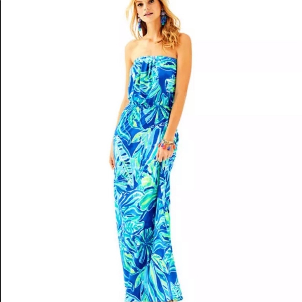 Lilly Pulitzer Marlisa Strapless Maxi Dress Beckon Blue Palm Passage Size XS